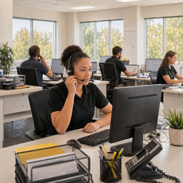 Busy home-service customer representative handling calls in a bright office.