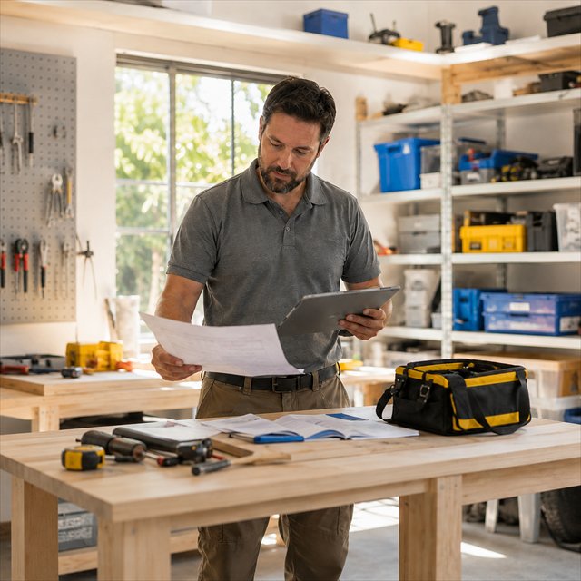 Home-service estimator reviewing an open estimate on a tablet in a daylight workshop.