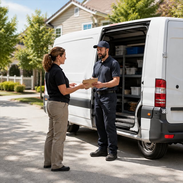 Home-service coordinator and technician reviewing work beside a service van in daylight.